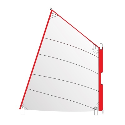 Vela de barco branca com contorno vermelho e costuras visíveis.
