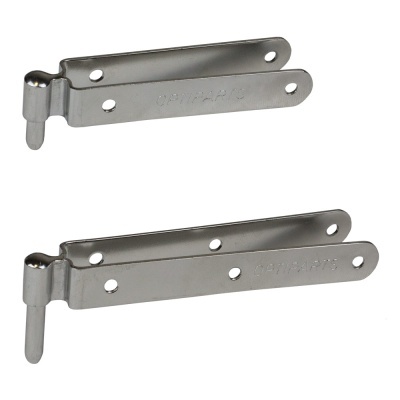 Dobradiças metálicas prateadas com pinos e furos para fixação