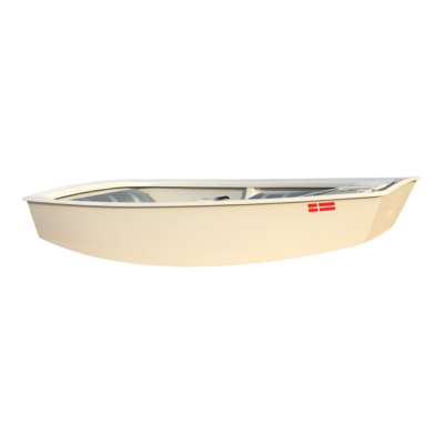 Barco pequeno branco com logotipo vermelho na lateral