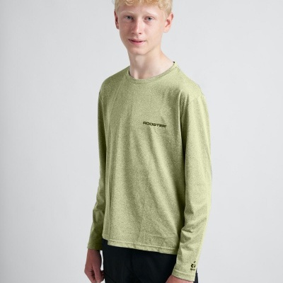 Camisola verde claro de manga comprida com texto ROOSTER vista de frente