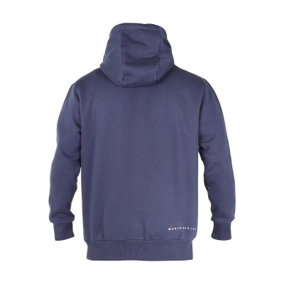 Camisola com capuz azul escuro vista pelas costas