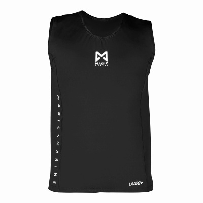 camisola preta sem mangas com logótipo branco e texto vertical Magic Marine