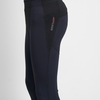 Calças justas pretas com painel lateral em malha e texto 'HOT LEGS'