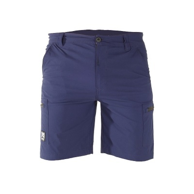 Calções masculinos azuis escuros com bolsos laterais e botão