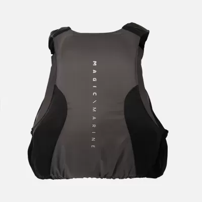 Colete salva-vidas cinzento e preto com texto 'MAGIC MARINE'