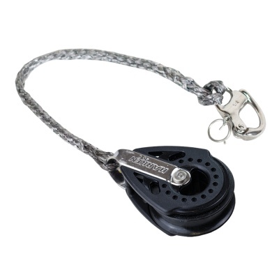 Polia navegacional inoxidável com base preta e corda têxtil cinza com gancho prateado