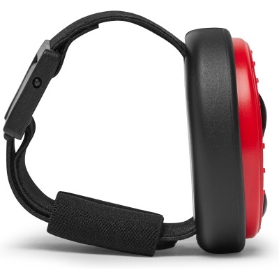 Auscultadores de proteção auditiva vermelhos e pretos com banda de cabeça ajustável