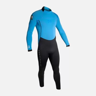 Fato de surf azul e preto com texto branco