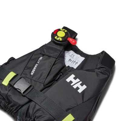 Colete salva-vidas preto com logo HH e alças ajustáveis