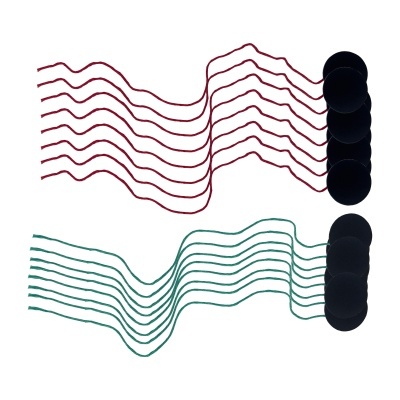 Fios extensíveis vermelhos e verdes com discos pretos nas extremidades