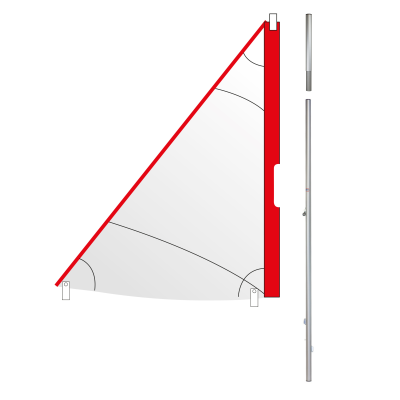 Vela triangular branca com borda vermelha e mastros metálicos