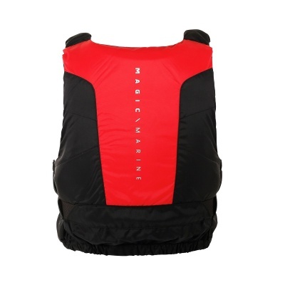 Colete salva-vidas vermelho e preto com texto 'MAGIC MARINE'