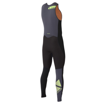 Roupa de mergulho sem mangas preta e cinza com detalhes amarelos