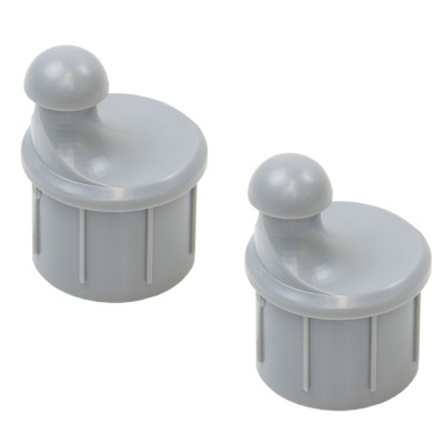 Dois botões ou tampas redondas cinzentas de plástico com botão em cima