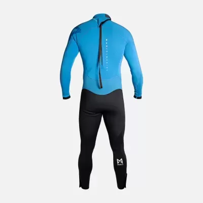 Fato de mergulho azul e preto com fecho nas costas e texto MARCUSLYNX