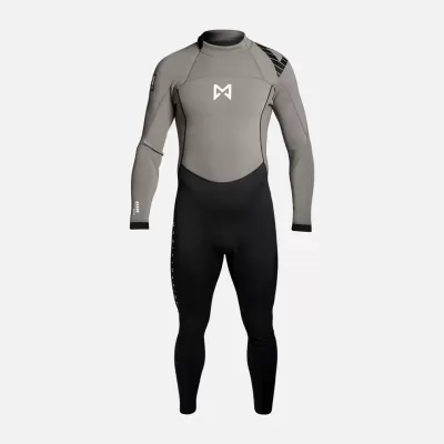 Fato de mergulho cinza e preto com logotipo branco no peito