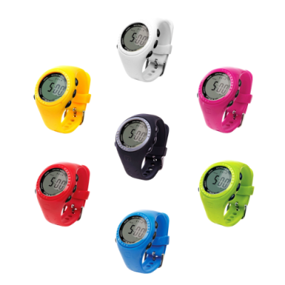 Relógios digitais coloridos em silicone com visor redondo mostrando 5:00.