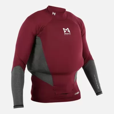 Camisola de neopreno vermelha com detalhes cinzentos e logotipos brancos