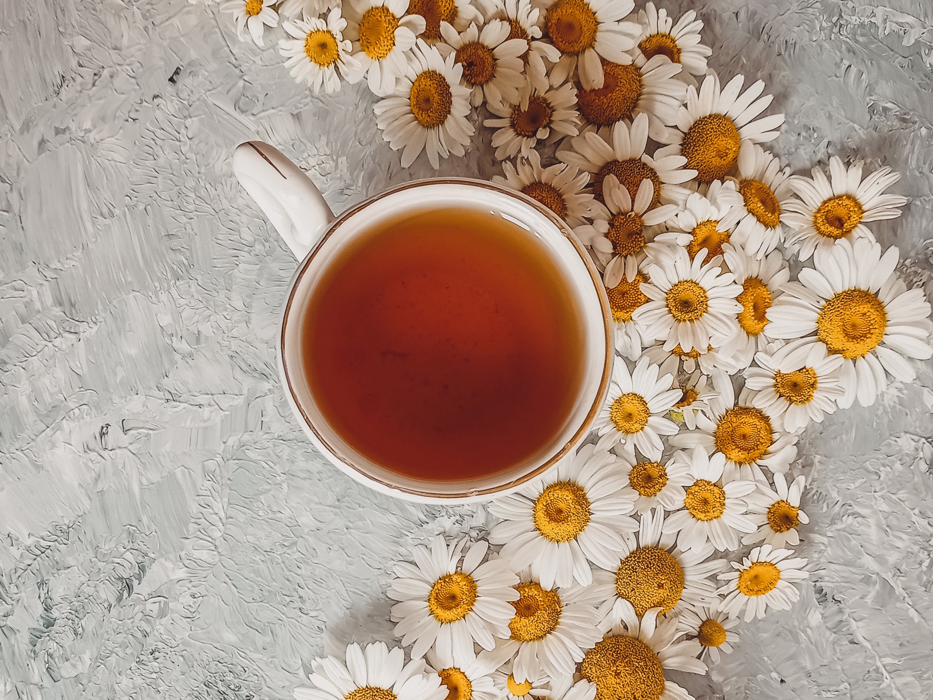 Chávena branca com chá rodeada de flores brancas de centro amarelo