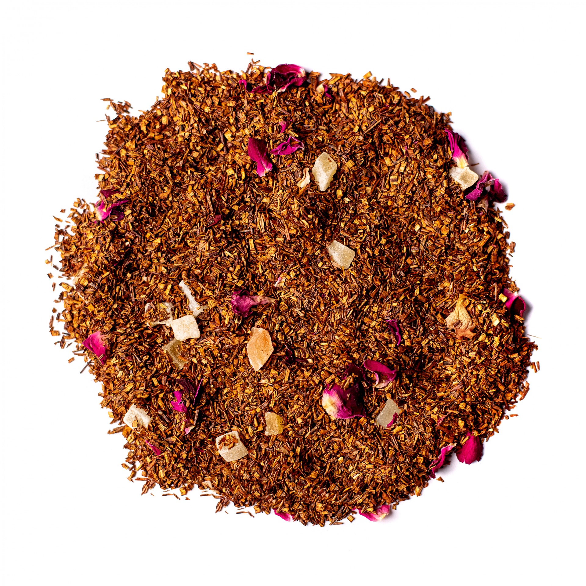 Rooibos Manga-Papaia Mistura de chá com folhas secas castanhas e pétalas cor de rosa