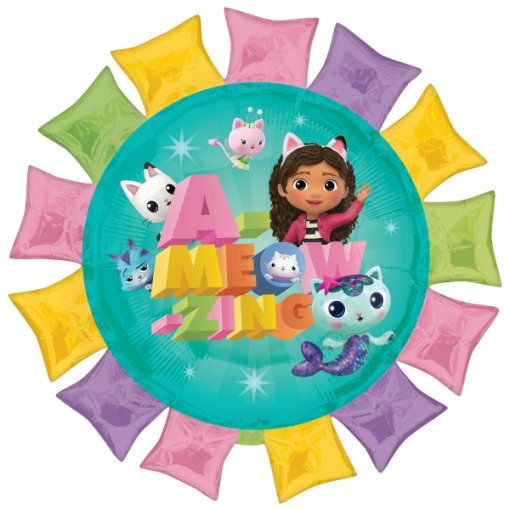 Balão redondo azul-turquesa com personagens de desenho animado e almofadas coloridas ao redor