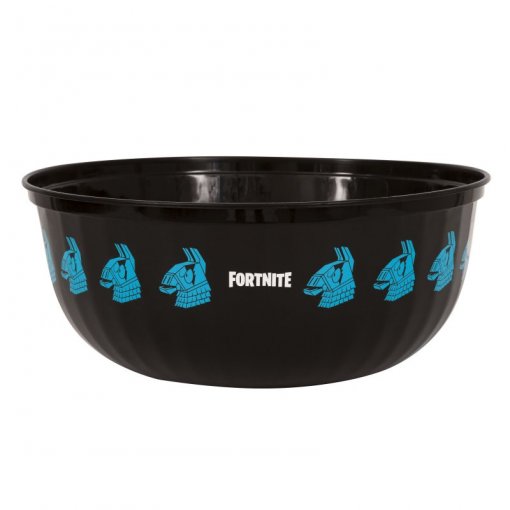 Tigela preta de plástico com padrões azuis e texto FORTNITE