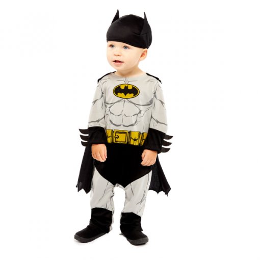 Fato bebé Batman com símbolo amarelo e preto, cinto amarelo, capa e gorro preto, tecido macio.