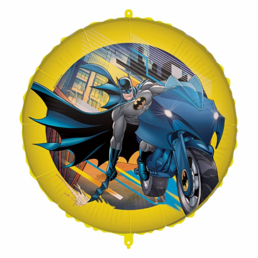 Balão redondo amarelo com Batman numa mota azul em cenário urbano