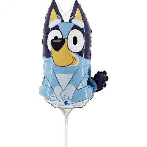 Balão metálico do personagem Bluey em suporte branco