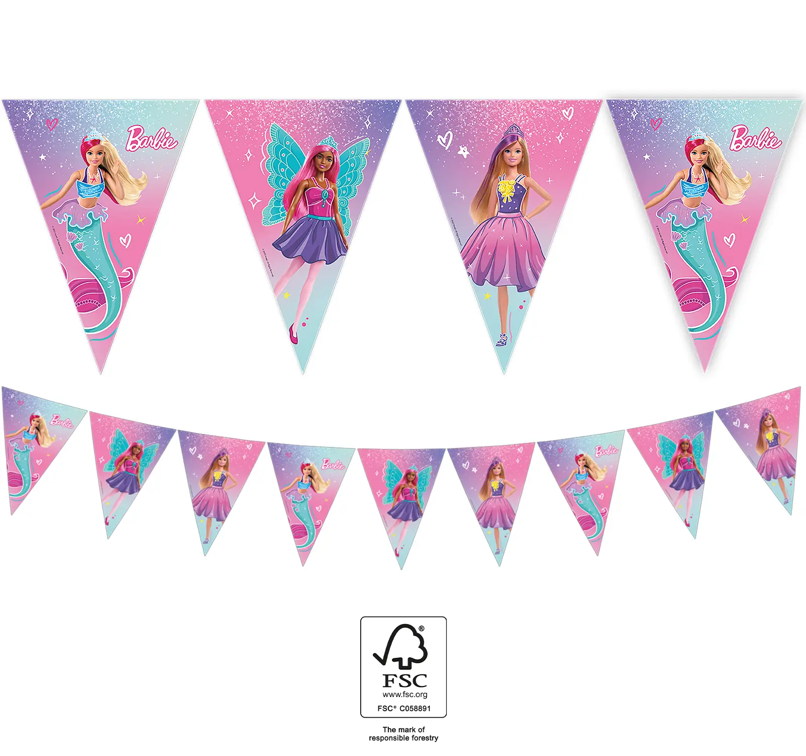 Bandeirola festiva triangular com imagens da Barbie em cores rosa, lilás e azul