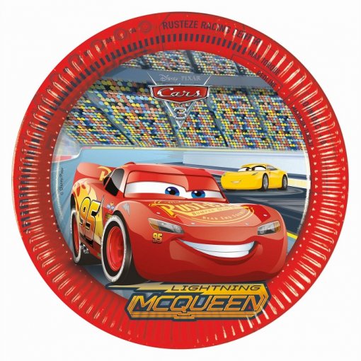 Prato descartável vermelho com Lightning McQueen do Cars 3 num circuito de corrida