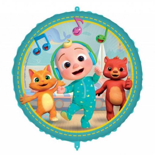 Balão redondo com criança, gato e urso coloridos e notas musicais