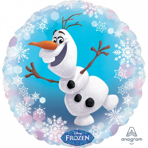 Balão de folha redondo com Olaf do Frozen em fundo azul com flocos de neve