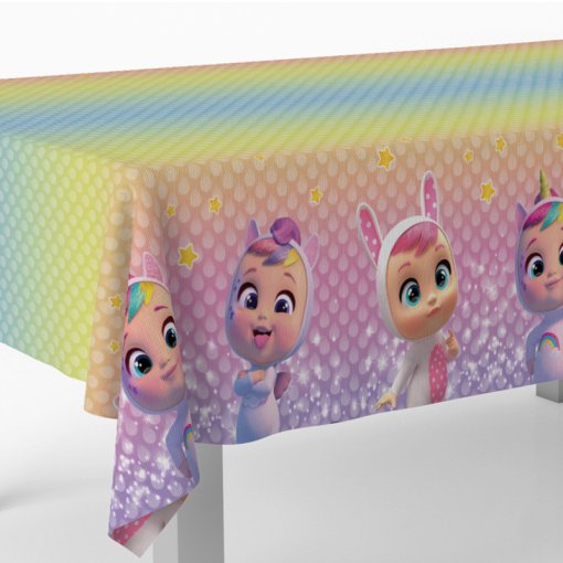 Toalha de mesa infantil colorida com desenhos de personagens em fantasias e estrelas