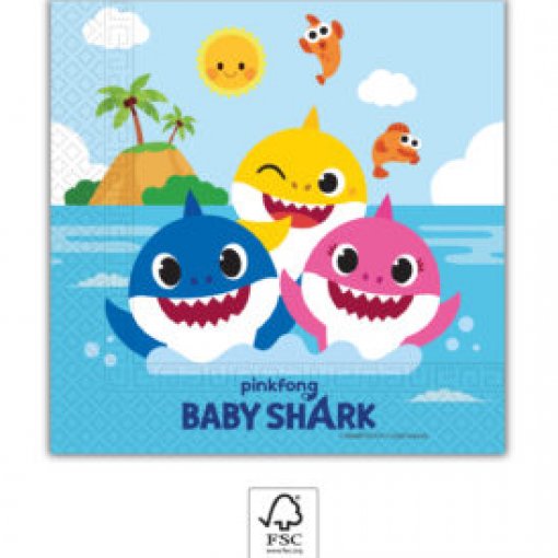 Imagem de três tubarões coloridos no mar com ilha, sol e texto Baby Shark