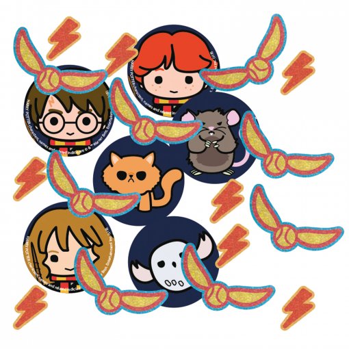 Autocolantes de personagens cartoon coloridos e pequenos símbolos amarelos e laranja.