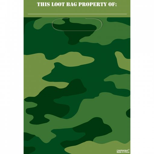 Saco loot bag camuflado verde com texto branco no topo