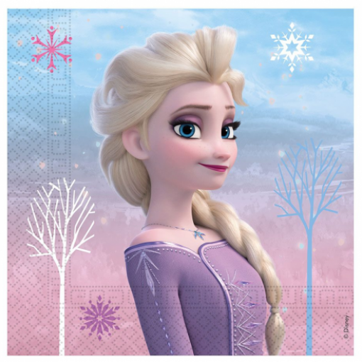 Guardanapo de papel com imagem da personagem Elsa do filme Frozen em fundo colorido