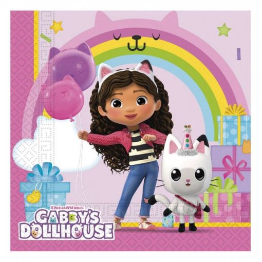 Guardanapo de papel para festa 'Gabby's Dollhouse' com personagem menina e gato, balões e presentes coloridos