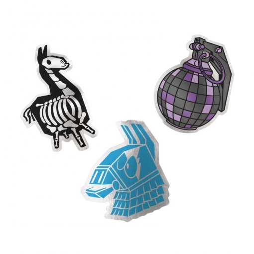 Três autocolantes decorativos: esqueleto de lhama, granada roxa quadriculada e cabeça azul estilizada