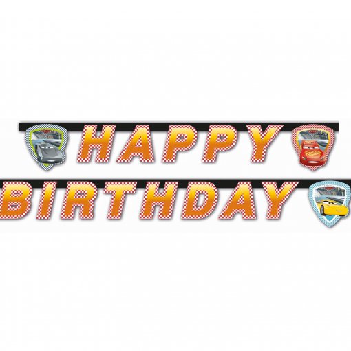 Faixa decorativa de aniversário com as palavras HAPPY BIRTHDAY e imagens de carros animados