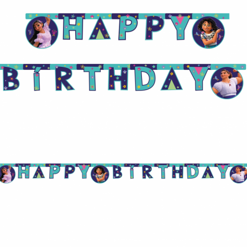 Faixas decorativas 'HAPPY BIRTHDAY' com personagens femininas e desenhos geométricos coloridos