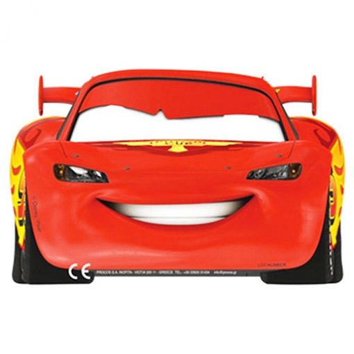 Máscara do personagem Lightning McQueen, vermelha e amarela, com olhos e sorriso grandes