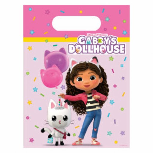 Saco plástico rosa com asa, texto Gabby's Dollhouse e imagens de boneca e gatos coloridos