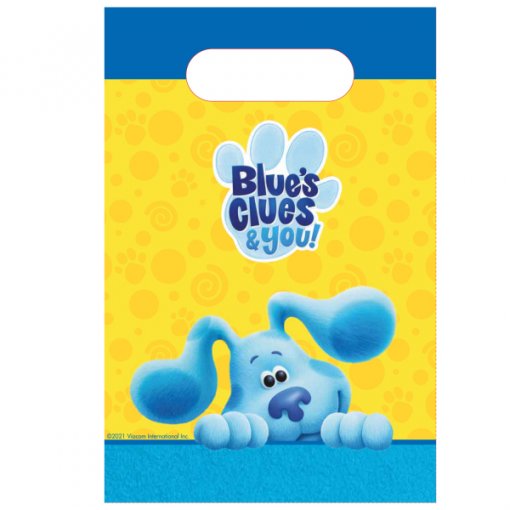 Saco de plástico amarelo e azul com personagem Blue e texto Blue's Clues & You!
