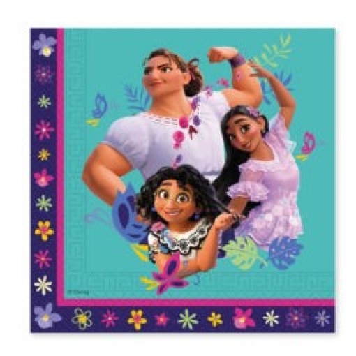 Guardanapo de papel azul turquesa com personagens femininas de desenho animado e flores nas bordas