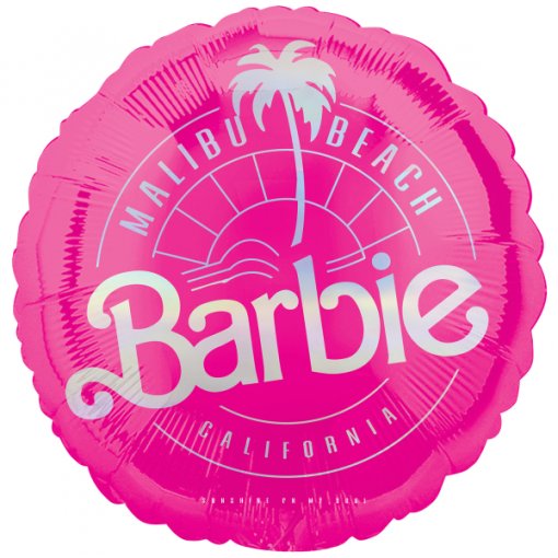 Balão rosa metálico redondo com texto Barbie e Malibu Beach