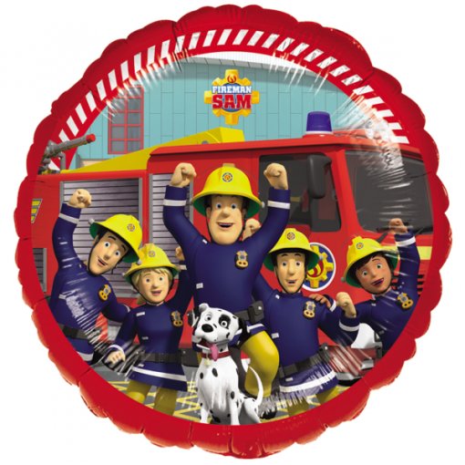 Balão metálico redondo com imagem da equipa Fireman Sam em frente a camião de bombeiros.