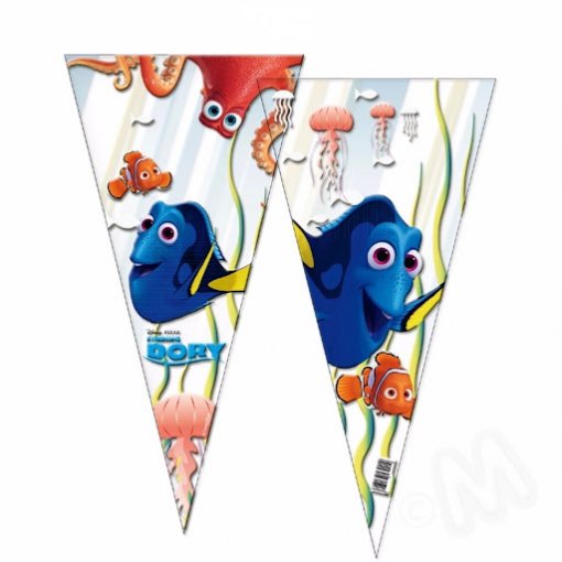 Cones de papel com personagens do filme 'Procurando Dory' coloridos