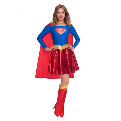 Fato feminino de Supergirl azul e vermelho com capa e botas em fundo branco